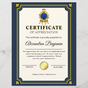 Papier Réalisation Apprécier Gold Blue Certificat