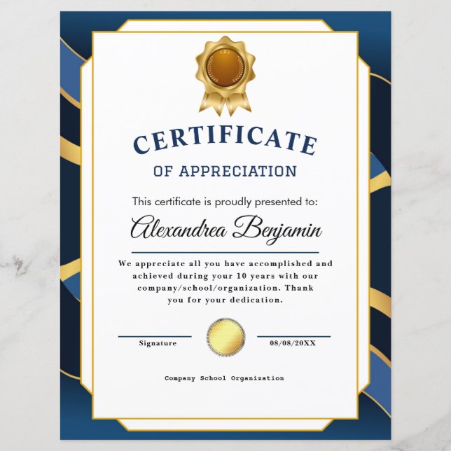 Papier Réalisation Apprécier Gold Blue Certificat (Devant)