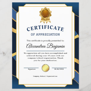 Papier Réalisation Apprécier Gold Blue Certificat