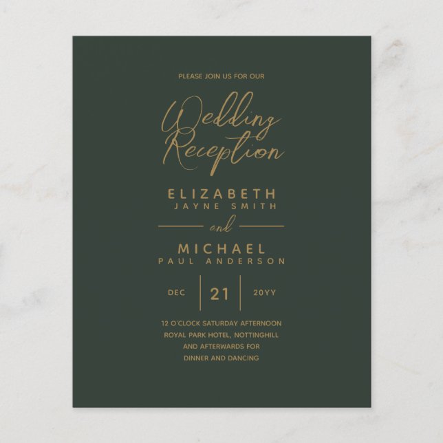 Papier Réception de mariage moderne Green Gold Budget (Devant)