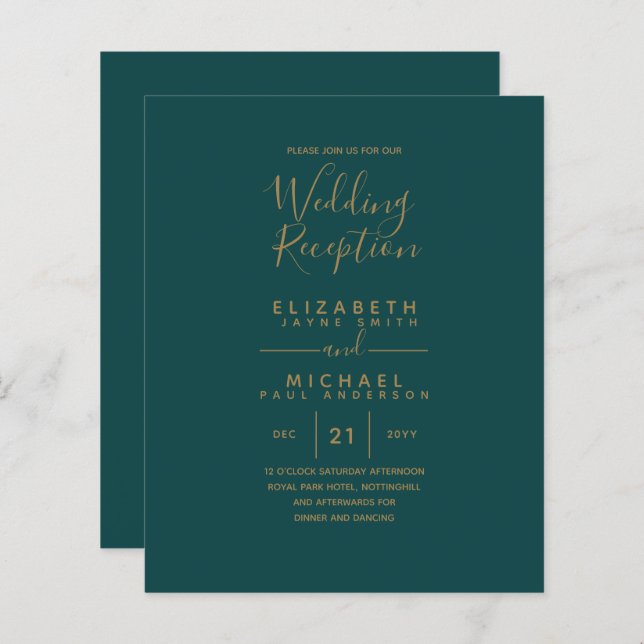 Papier Réception de mariage moderne Turquoise Green Gold  (Devant / Derrière)