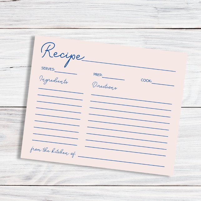 Papier Recette Bleue Chic manuscrite Pour La Mariée (Handwritten Chic Blue Recipe For The Bride)