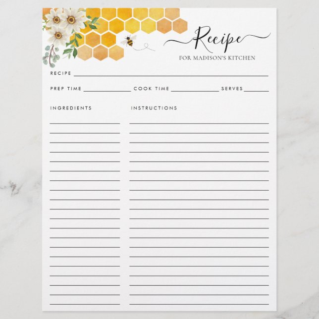 Papier Recette de cuisine florale de l'abeille Bumblebee  (Devant)