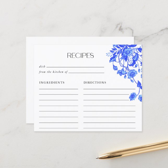 Papier Recettes de Fête de Fiançailles Floral Toile Bleue (Devant/Arrière en situation)