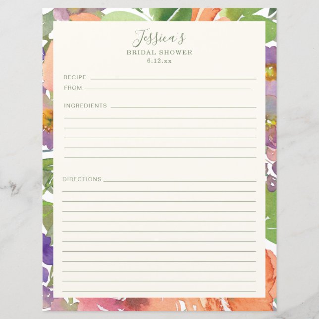 Papier Recettes de Fêtes des mariées florales d'aquarelle (Devant)