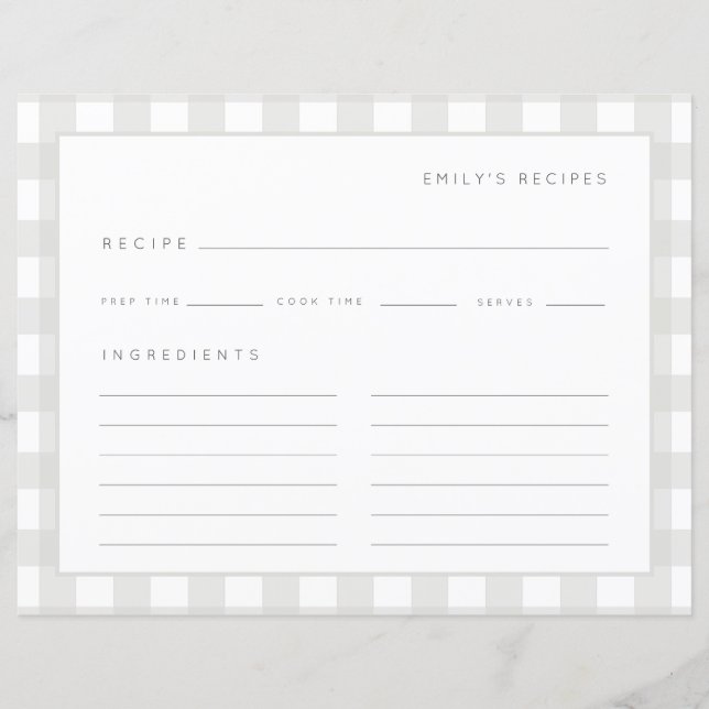 Papier Recettes En vichy Motif Gris et blanc Recette Card (Devant)