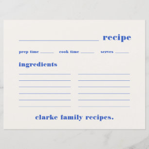 Papier Recettes famille Retro Vintage Blue Recette Card