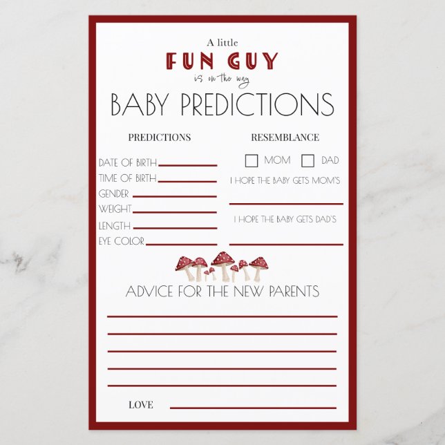Papier Red Musroom Fun Guy Baby shower Prediction Jeu (Devant)