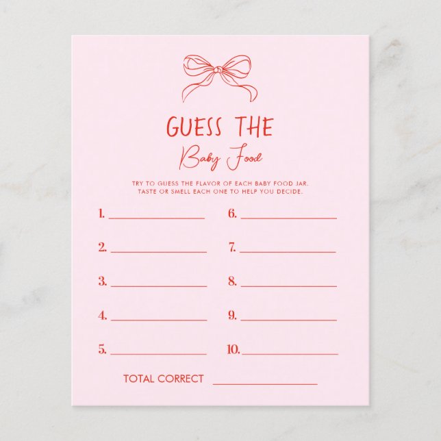 Papier Red Pink Hand Drawn Bow Guess The Baby Food Game (Devant)