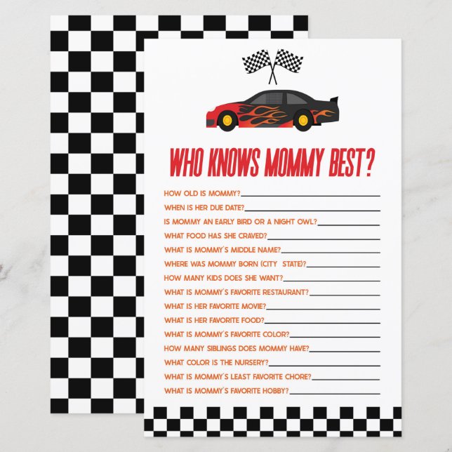 Papier Red Race Car Qui Connaît Maman Baby shower Jeu (Devant / Derrière)