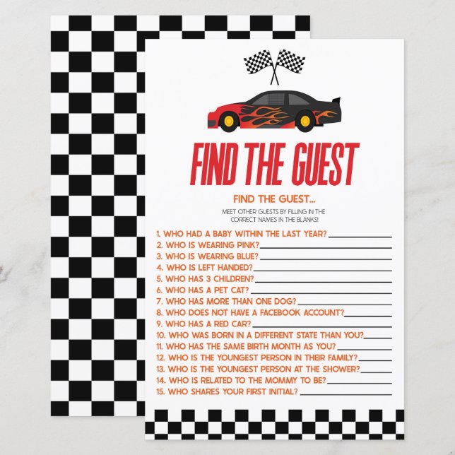 Papier Red Race Car Trouvez Le Jeu Du Baby shower Invité (Devant / Derrière)