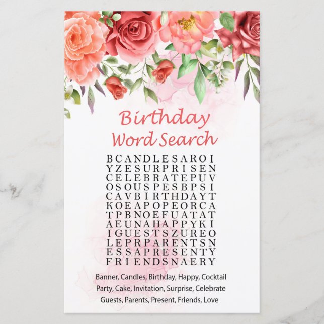 Papier Red Rose Anniversaire Mot de recherche Jeu (Devant)