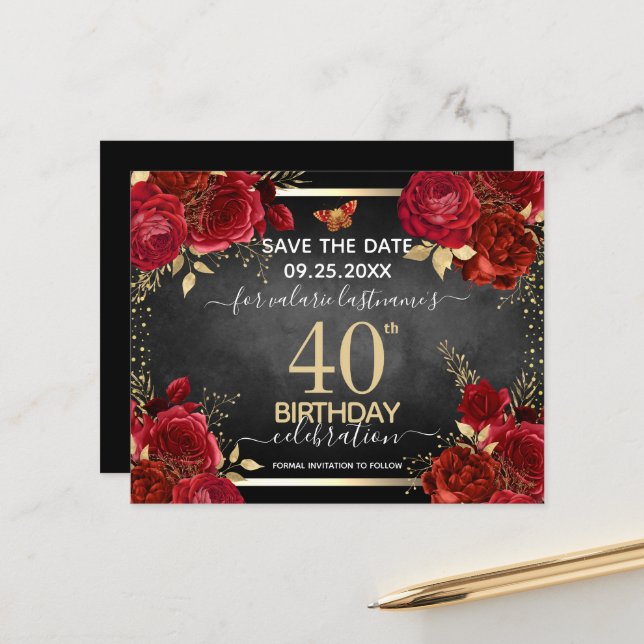 Papier Red Roses 40e anniversaire Enregistrer la date Bud (Devant/Arrière en situation)