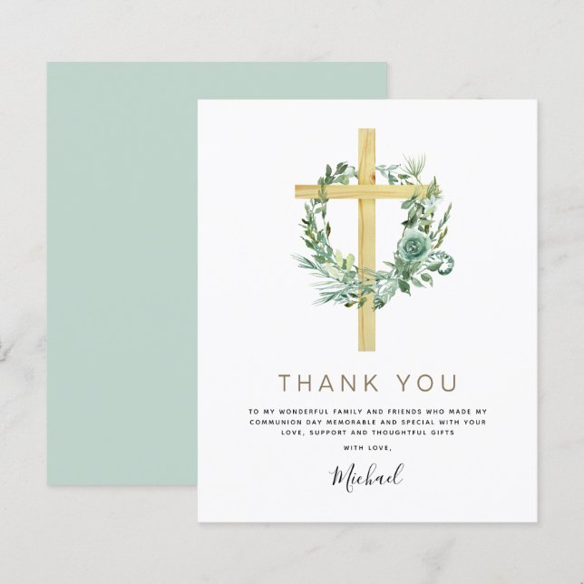 Papier Remerciement de première communion verte abordable (Devant / Derrière)