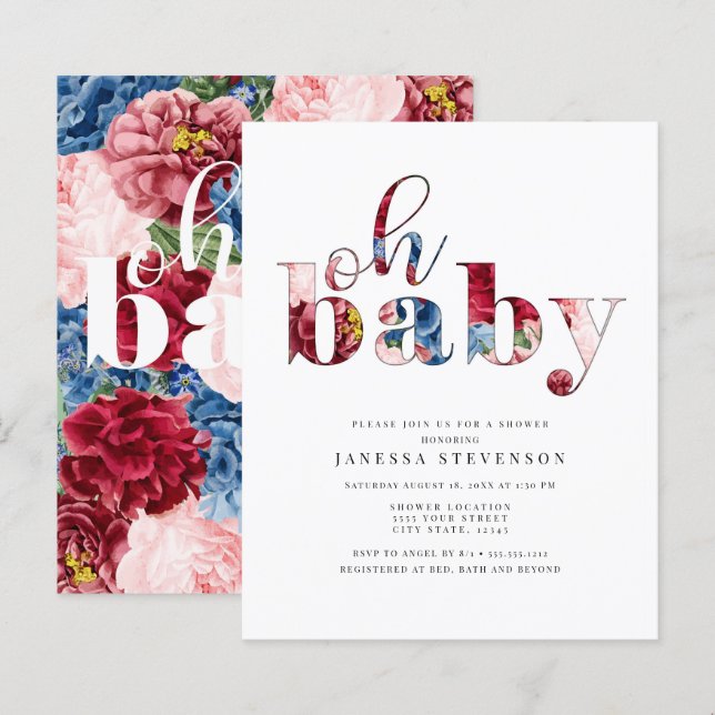 Papier Remise Floral bleu et rouge, Baby shower (Devant / Derrière)