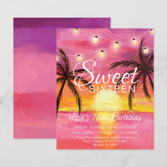 Papier Remise Sweet sixteen, Plage Invitations Anniversai (Devant / Derrière)