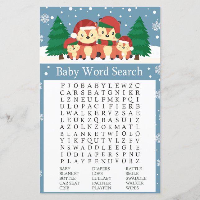 Papier Renard d'hiver Baby shower Word Search Jeu (Devant)