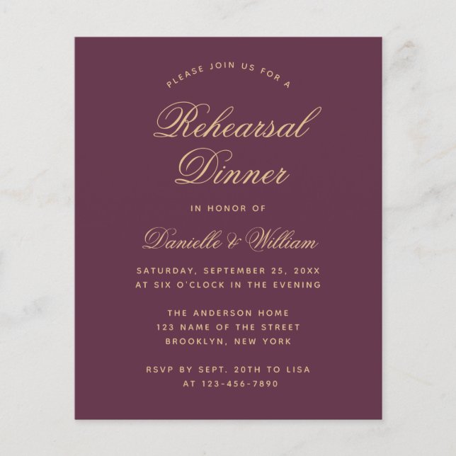 Papier Répétition couleur vin budget Dîner Invitation (Devant)