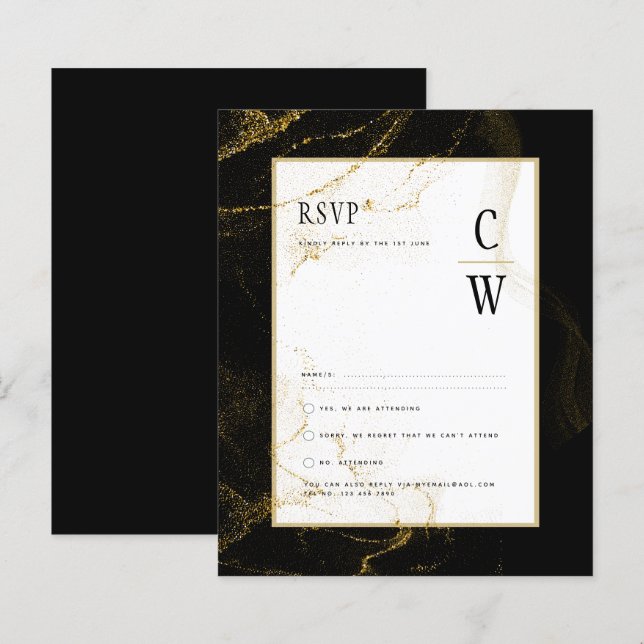 Papier Réponse de Mariage Paillettes Or Noir Moderne (Devant / Derrière)