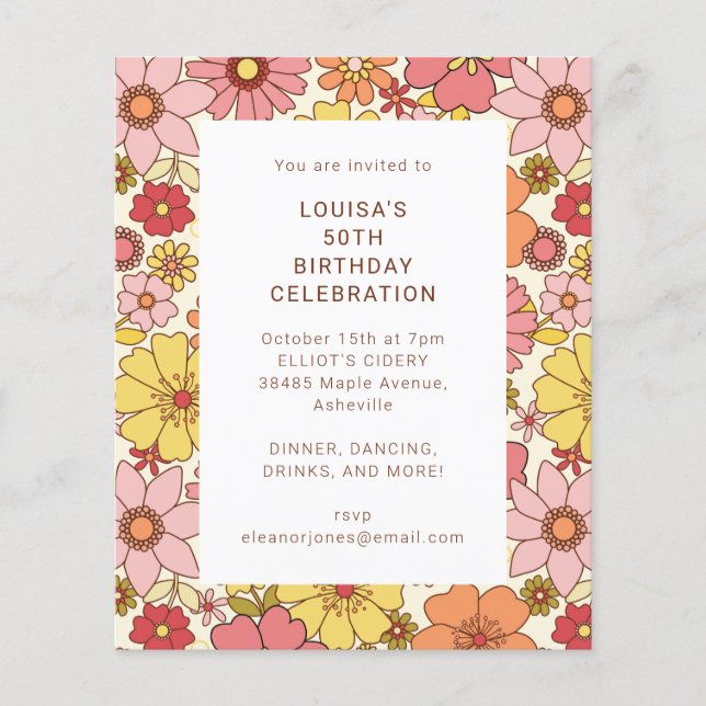Papier Retro Boho rose floral mignon Invitation fête d'an (Devant)