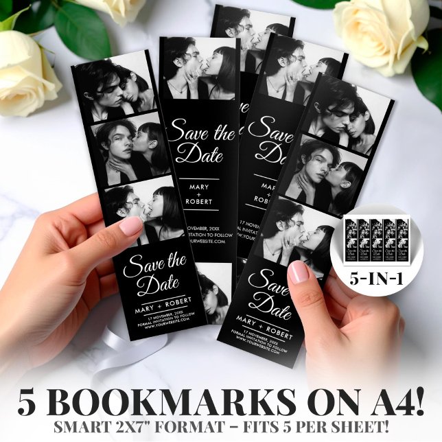Papier Retro Photo Booth 2x7" Enregistrer la Mariage de d (Photo Booth 2x7" Save the Date Wedding Strip )