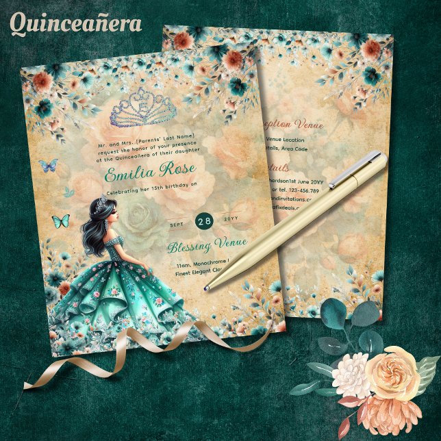 Papier Robe de Quinceanera Vert Turquoise Papillon Floral (Créateur téléchargé)