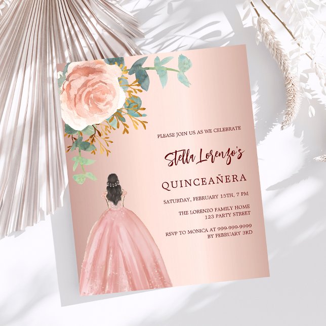 Papier Robe d'or rose Quinceanera invitation budgétaire (Créateur téléchargé)