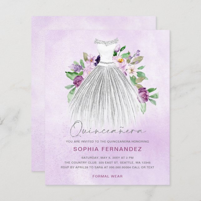 Papier Robe or violet budget Quinceañera Invitation (Devant / Derrière)