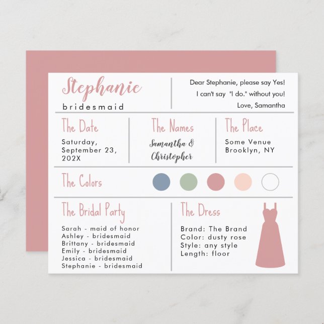 Papier Robe Rose Dusty couleur Bridesmaid Information Car (Devant / Derrière)