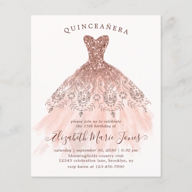 Papier Robe rose or Rose budget QUINCEAÑERA Anniversaire (Devant)