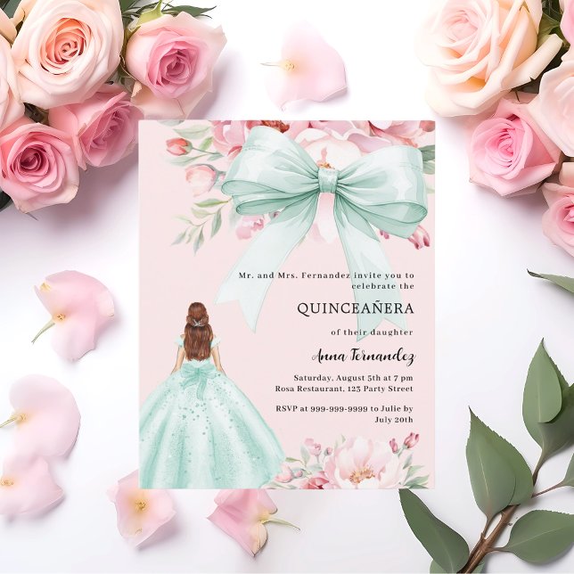 Papier Robe rose rose fleurie verte robe Quinceanera invi (Créateur téléchargé)
