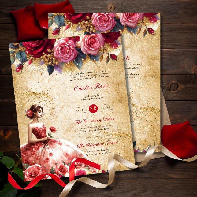 Papier Robe Rouge Quinceanera or Thème de parchemin Vinta (Créateur téléchargé)