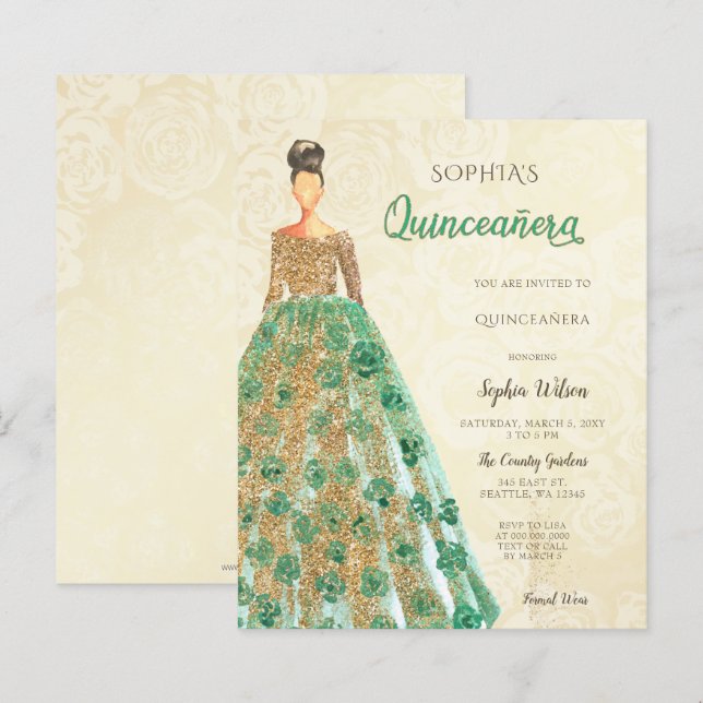 Papier Robe verte émeraude Budget Quinceanera (Devant / Derrière)