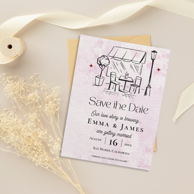 Papier Romantic Café Illustration Wedding Save the Date (Romantic Café Illustration Wedding Save the Date)
