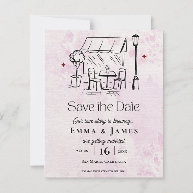 Papier Romantic Pink Café Courtyard Wedding Save the Date (Devant)