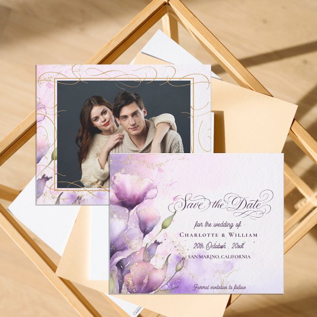 Papier Romantic Purple Floral Wedding Photo Save the Date (Romantic Purple Floral Wedding Photo Save the Date)