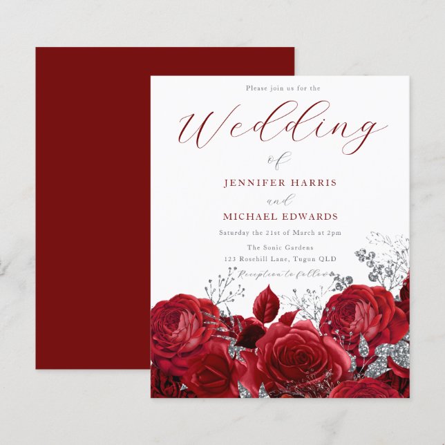 Papier Romantique Roses rouges Faire-part de mariage budg (Devant / Derrière)