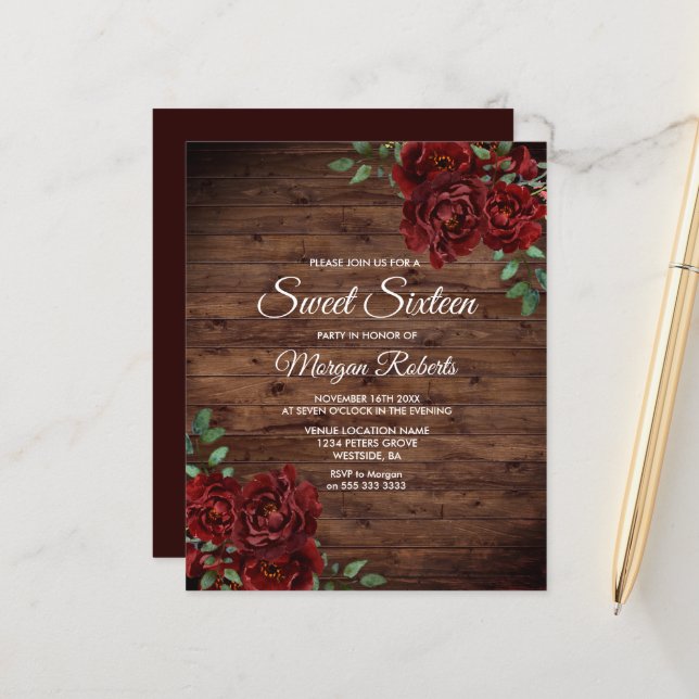 Papier Romantique Rouge Rose Sweet 16 Parti Invitation bu (Devant/Arrière en situation)