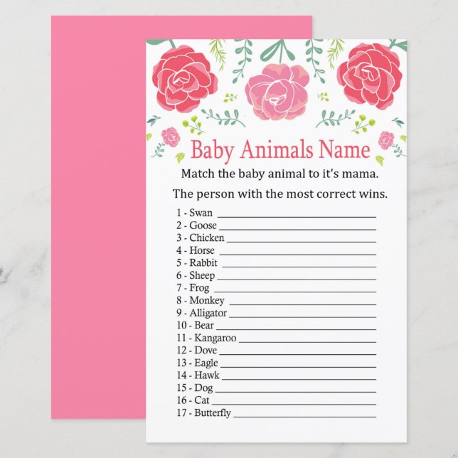 Papier Rose Baby Animaux Nom Jeu (Devant / Derrière)