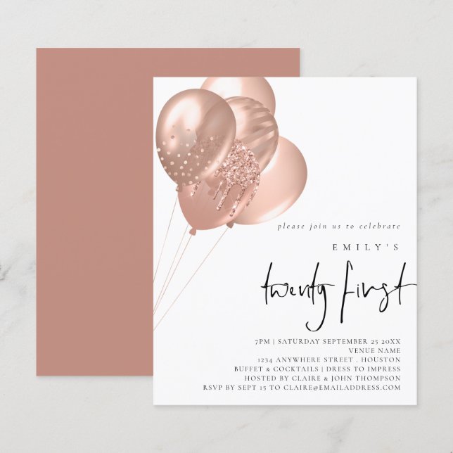 Papier Rose Budget Gold Ballons Script 21st Party Invitat (Devant / Derrière)