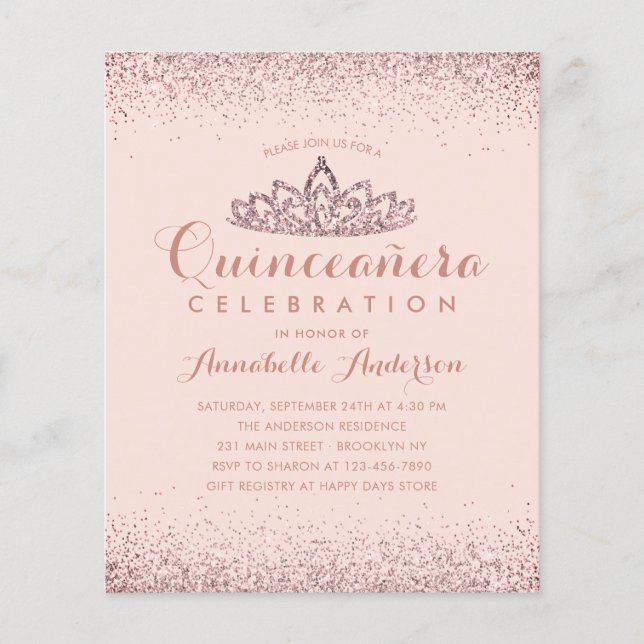 Papier Rose Budget Gold Blush Quinceañera Tiara Invitatio (Devant)