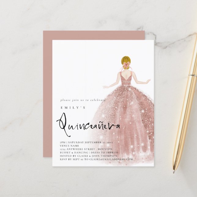 Papier Rose Budget Gold Gown Blonde Hair QR Quinceañera (Devant/Arrière en situation)