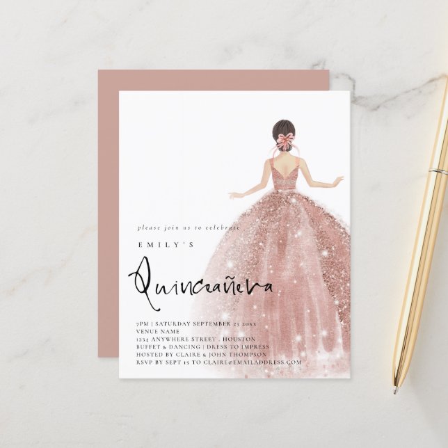 Papier Rose Budget Gold Gown Brunette Hair QR Quinceañera (Devant/Arrière en situation)