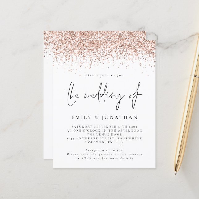 Papier Rose Budget Parties scintillant or QR Code Mariage (Devant/Arrière en situation)