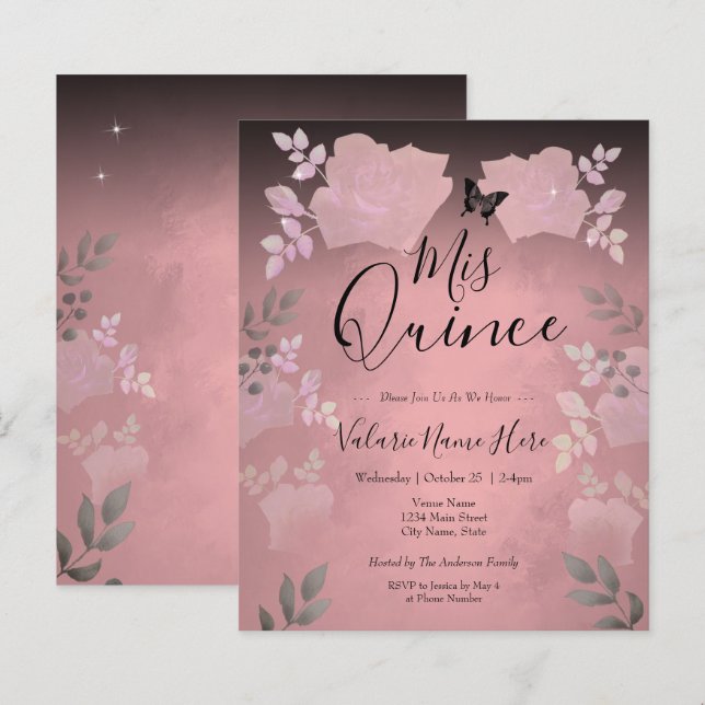 Papier Rose de glace rose Floral Quinceanera Budget Invit (Devant / Derrière)