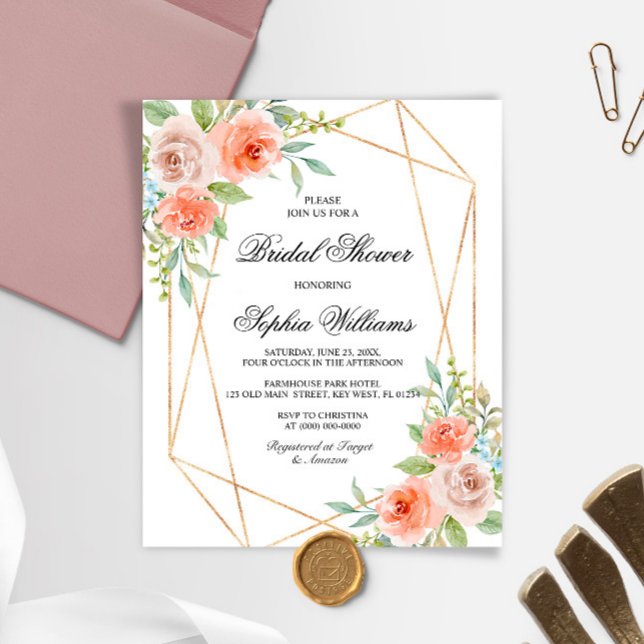 Papier Rose de jardin et cadre d'or Invitation de douche  (Créateur téléchargé)
