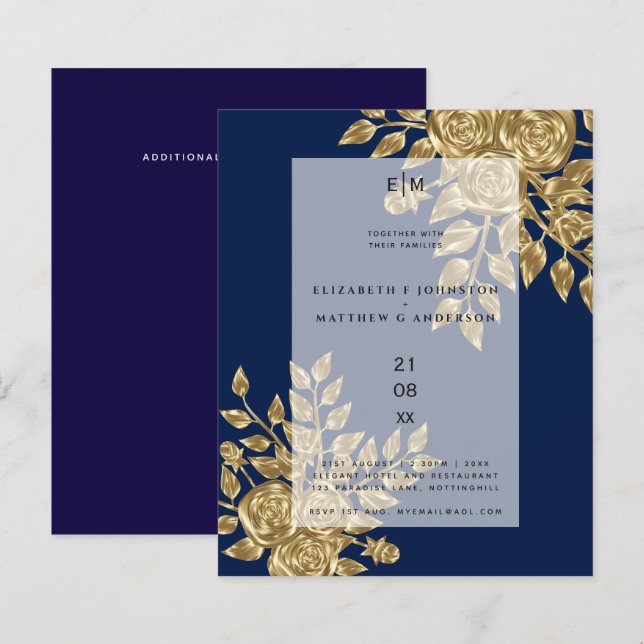 Papier Rose d'or bleu marine Invitations de mariage métal (Devant / Derrière)