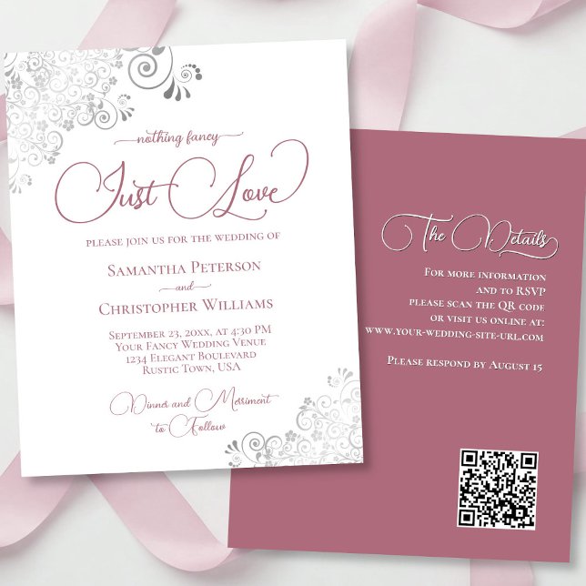 Papier Rose Dusty Silver QR Code BUDGET Mariage Invitatio (front/back)