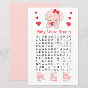 Papier Rose éléphant Baby shower Word Recherche Jeu