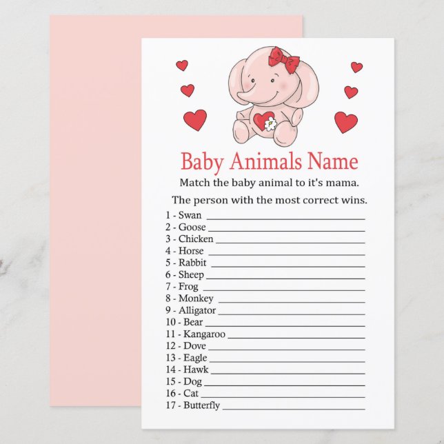 Papier Rose éléphant Bébé Animaux Nom Jeu (Devant / Derrière)